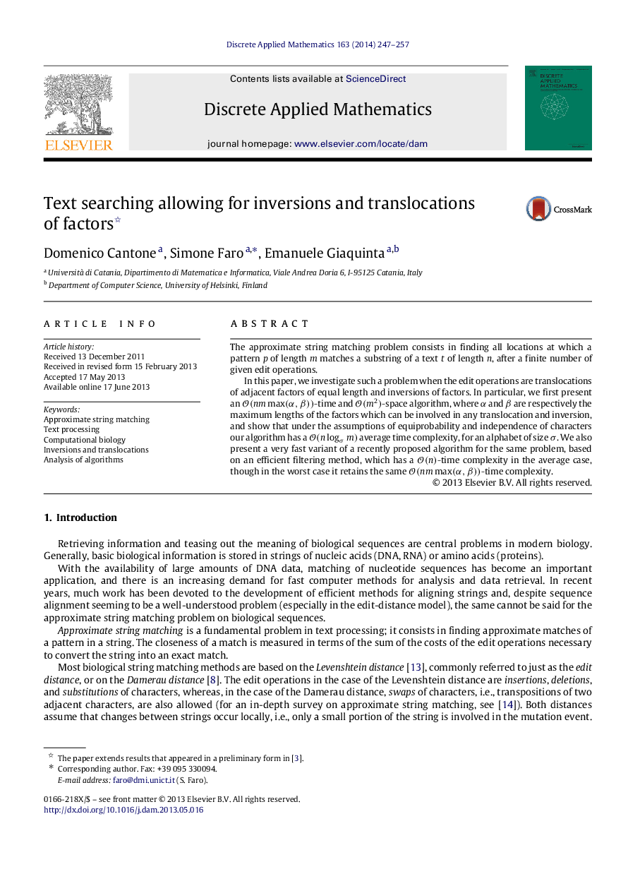 Text searching allowing for inversions and translocations of factors 