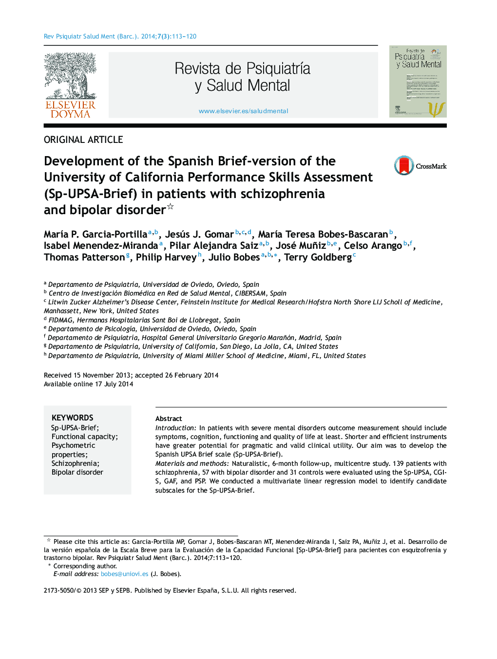 عکس صفحه اول مقاله: Development of the Spanish Brief-version of the University of California Performance Skills Assessment (Sp-UPSA-Brief) in patients with schizophrenia and bipolar disorder Development of the Spanish Brief-version of the University of California Performance Skills Assessment (Sp-UPSA-Brief) in patients with schizophrenia and bipolar disorder
