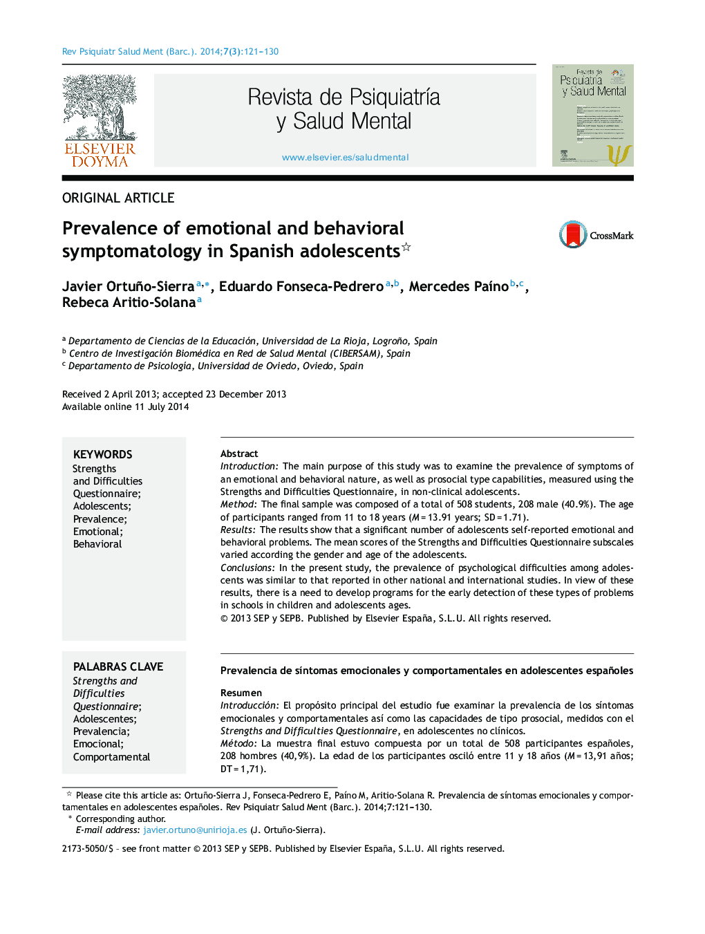 Prevalence of emotional and behavioral symptomatology in Spanish adolescents 