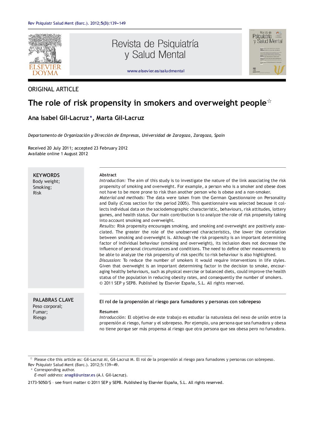 The role of risk propensity in smokers and overweight people 