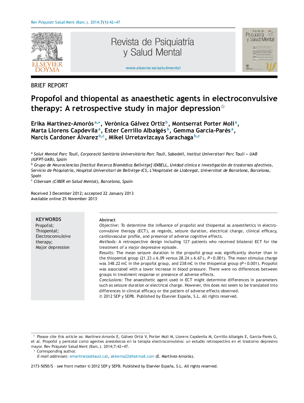 Propofol and thiopental as anaesthetic agents in electroconvulsive therapy: A retrospective study in major depression 