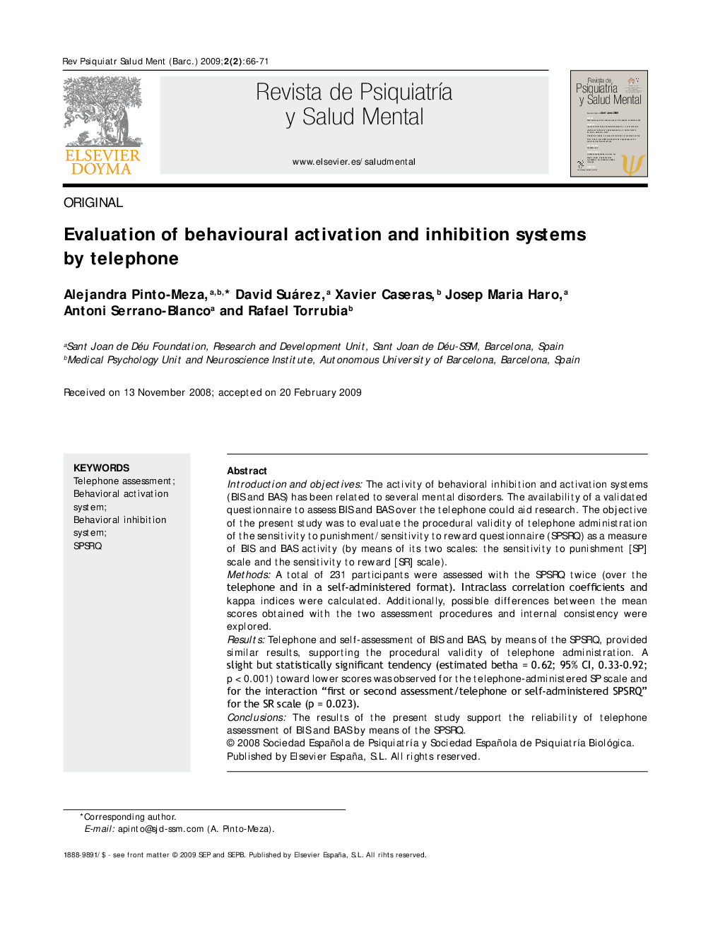 Evaluation of behavioural activation and inhibition systems by telephone