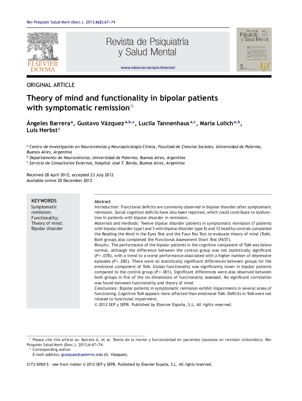 Theory of mind and functionality in bipolar patients with symptomatic remission 