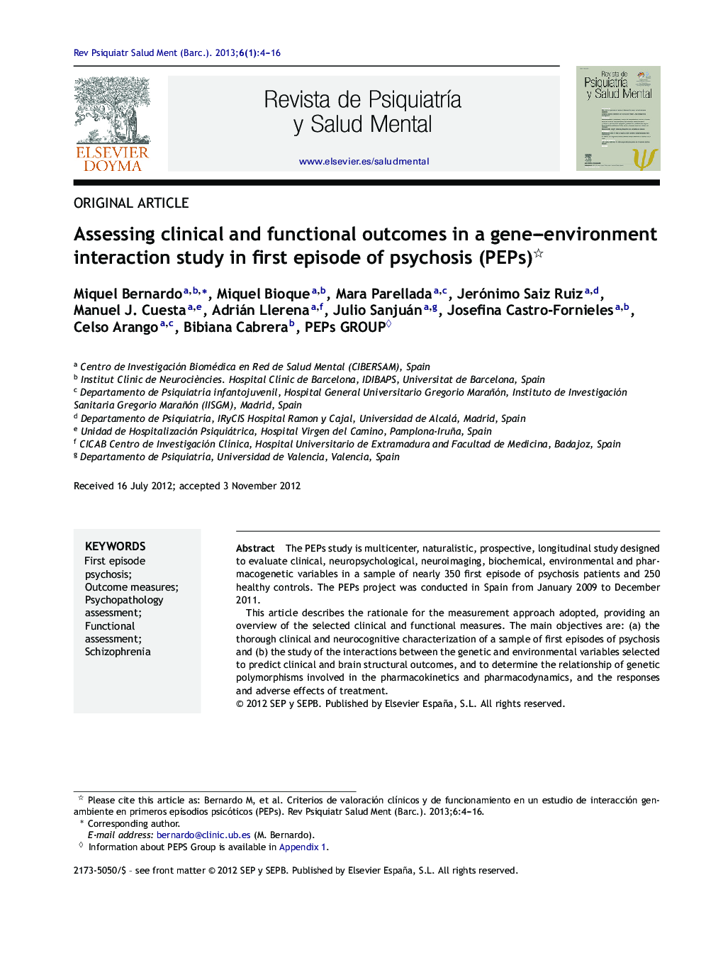 Assessing clinical and functional outcomes in a gene–environment interaction study in first episode of psychosis (PEPs) 