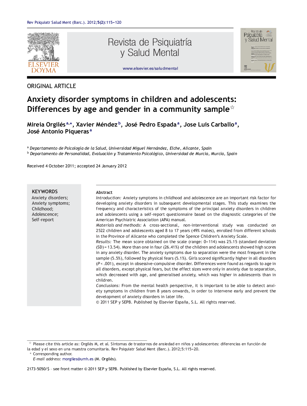 Anxiety disorder symptoms in children and adolescents: Differences by age and gender in a community sample 