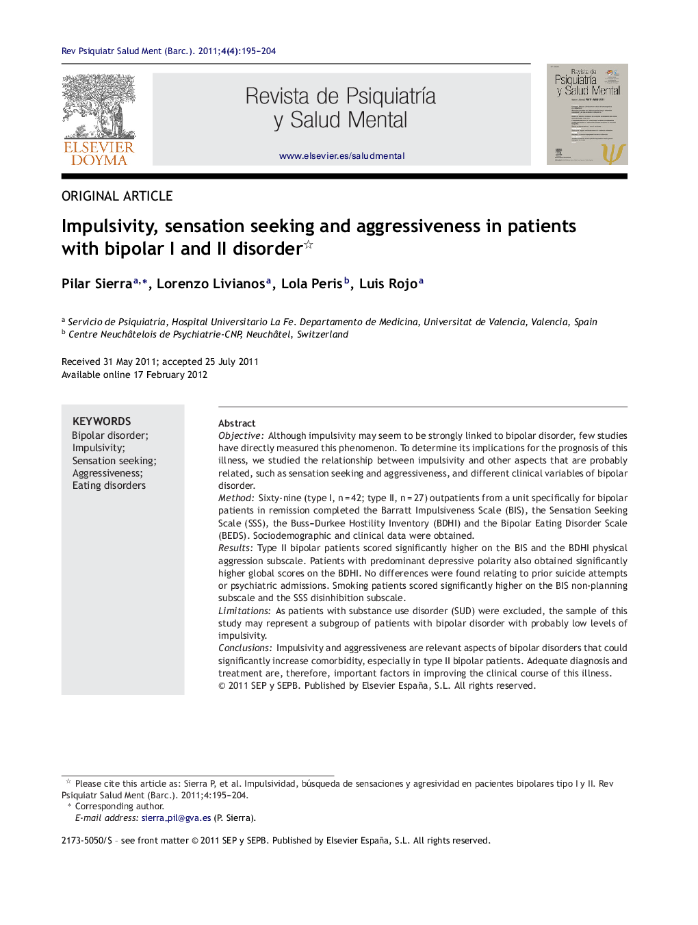 Impulsivity, sensation seeking and aggressiveness in patients with bipolar I and II disorder 