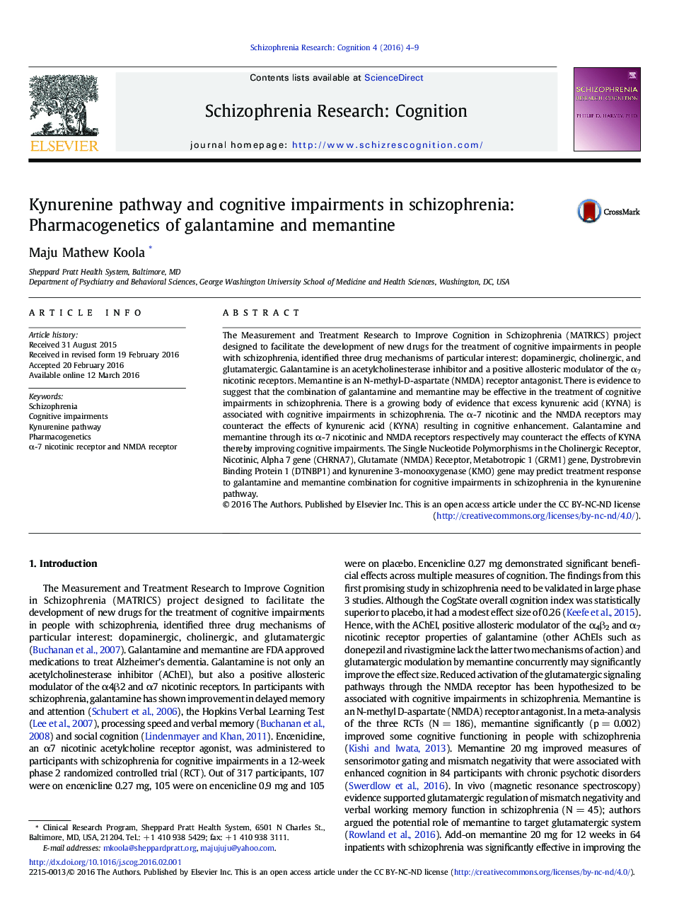 Kynurenine pathway and cognitive impairments in schizophrenia: Pharmacogenetics of galantamine and memantine