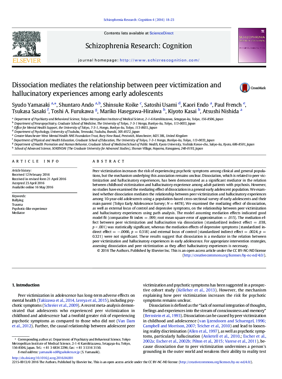 Dissociation mediates the relationship between peer victimization and hallucinatory experiences among early adolescents