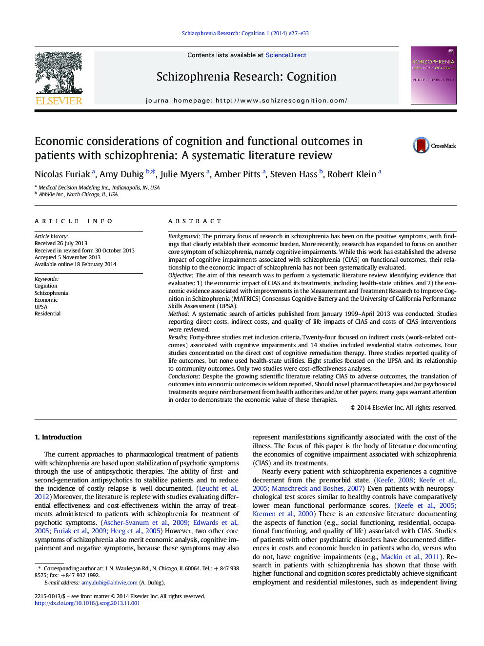 ملاحظات اقتصادی شناخت و نتایج عملکردی در بیماران مبتلا به اسکیزوفرنی: یک بررسی ادبی سیستماتیک 