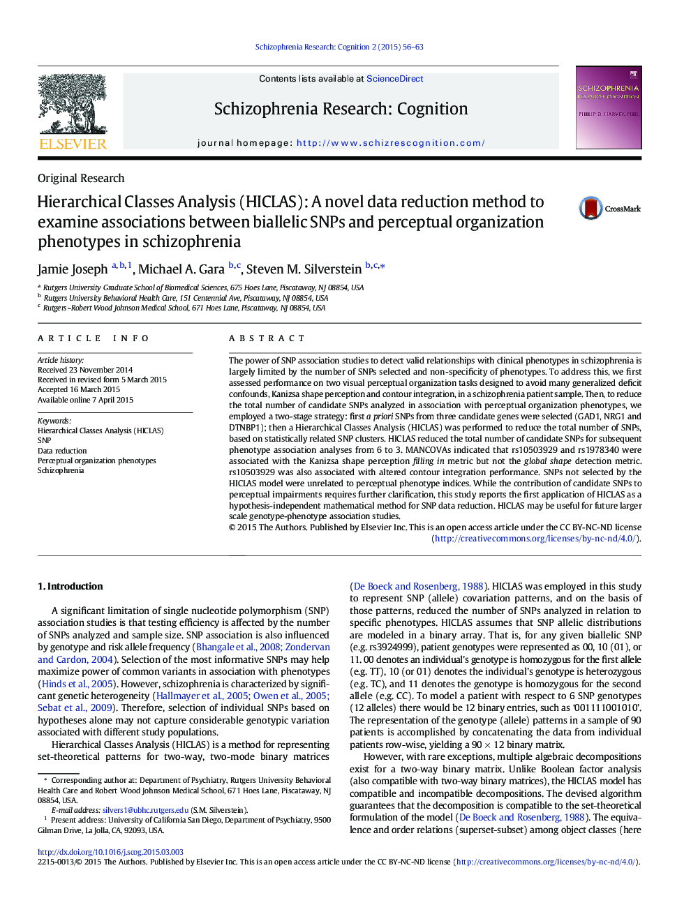 Hierarchical Classes Analysis (HICLAS): A novel data reduction method to examine associations between biallelic SNPs and perceptual organization phenotypes in schizophrenia