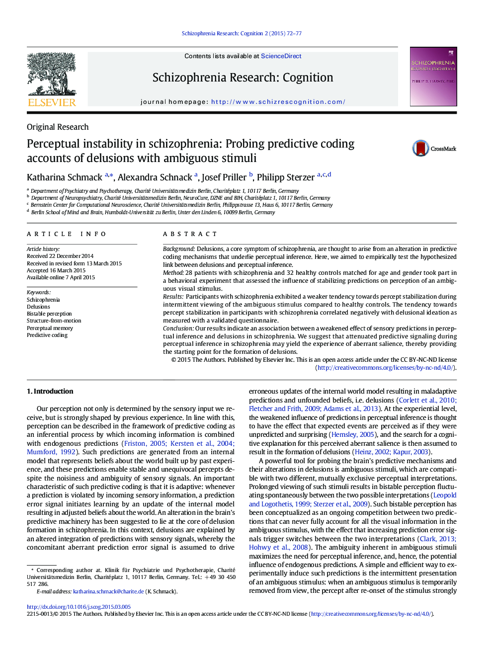 Perceptual instability in schizophrenia: Probing predictive coding accounts of delusions with ambiguous stimuli