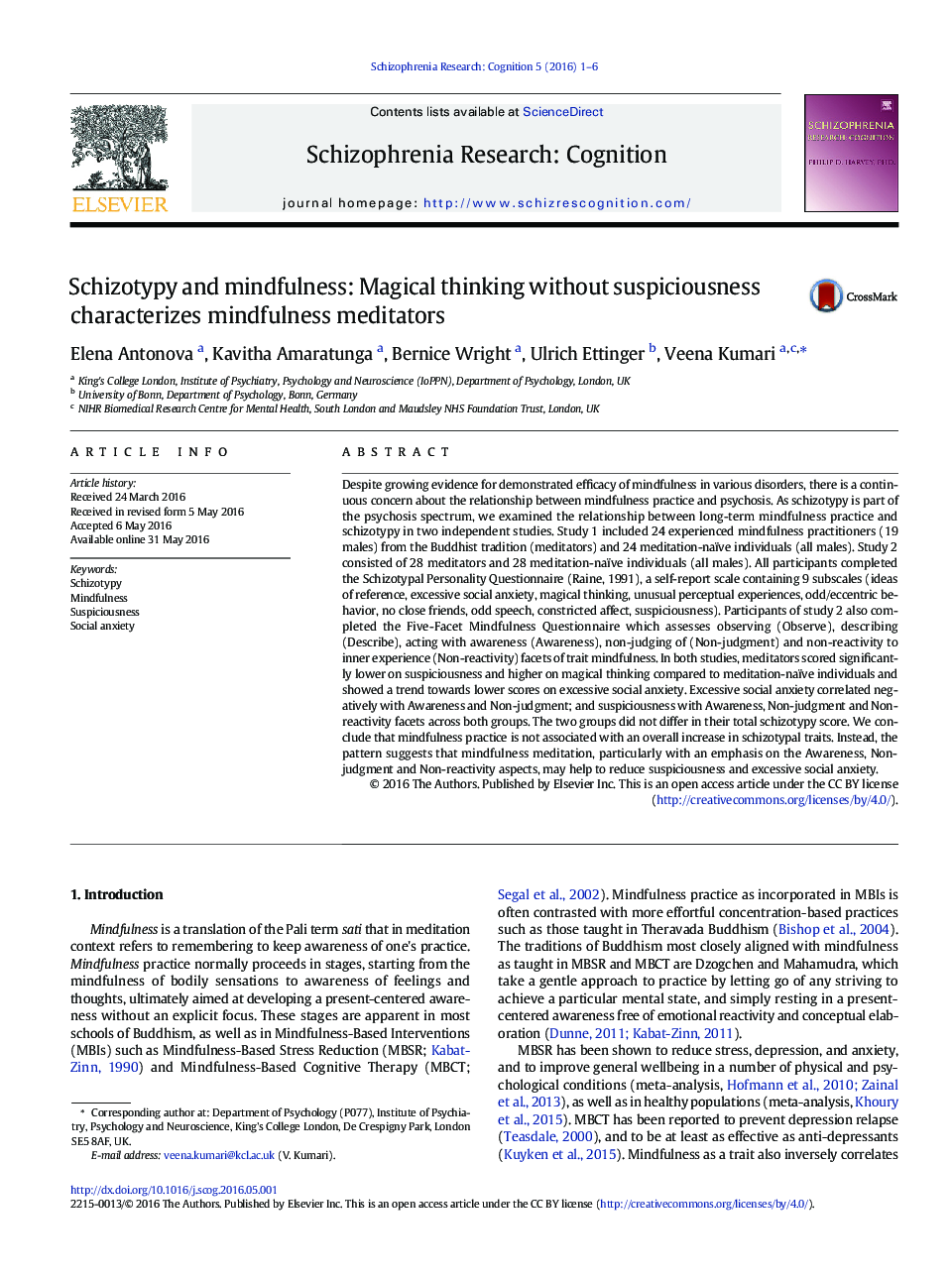 Schizotypy and mindfulness: Magical thinking without suspiciousness characterizes mindfulness meditators