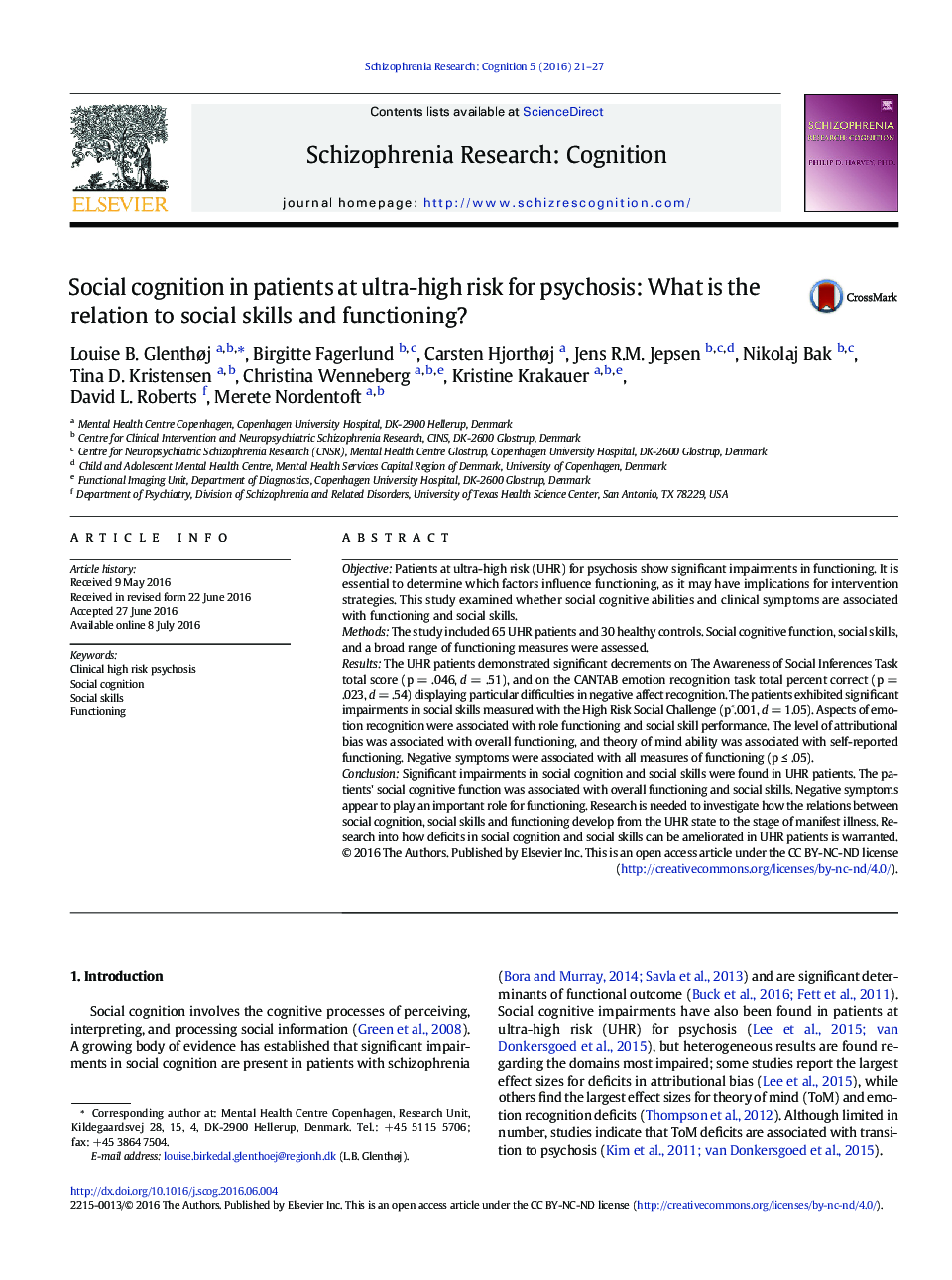 Social cognition in patients at ultra-high risk for psychosis: What is the relation to social skills and functioning?