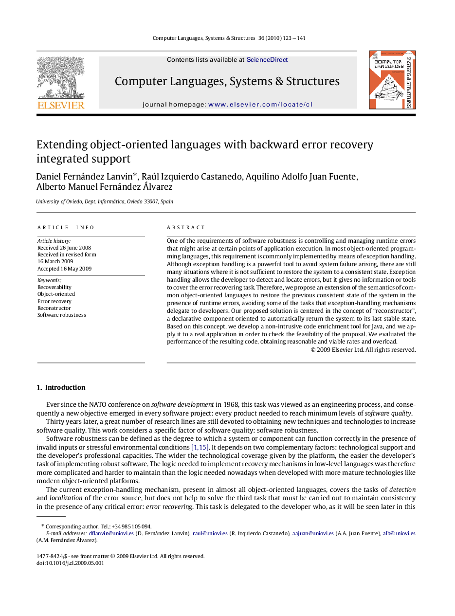 Extending object-oriented languages with backward error recovery integrated support