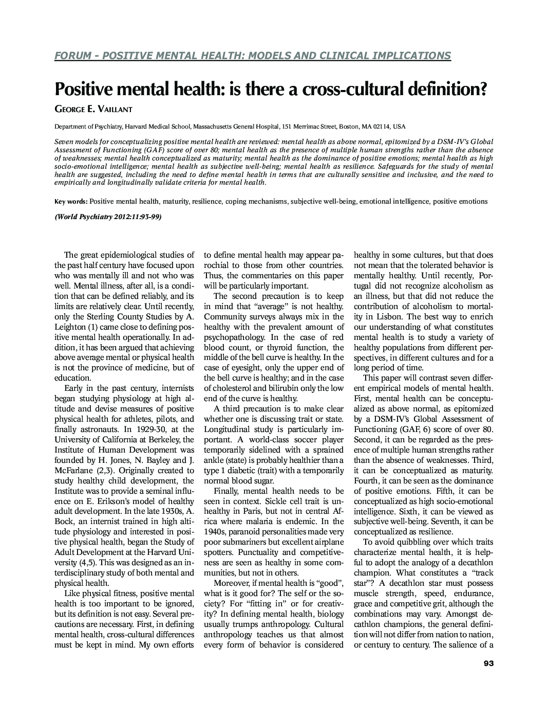 Positive mental health: is there a cross-cultural definition?
