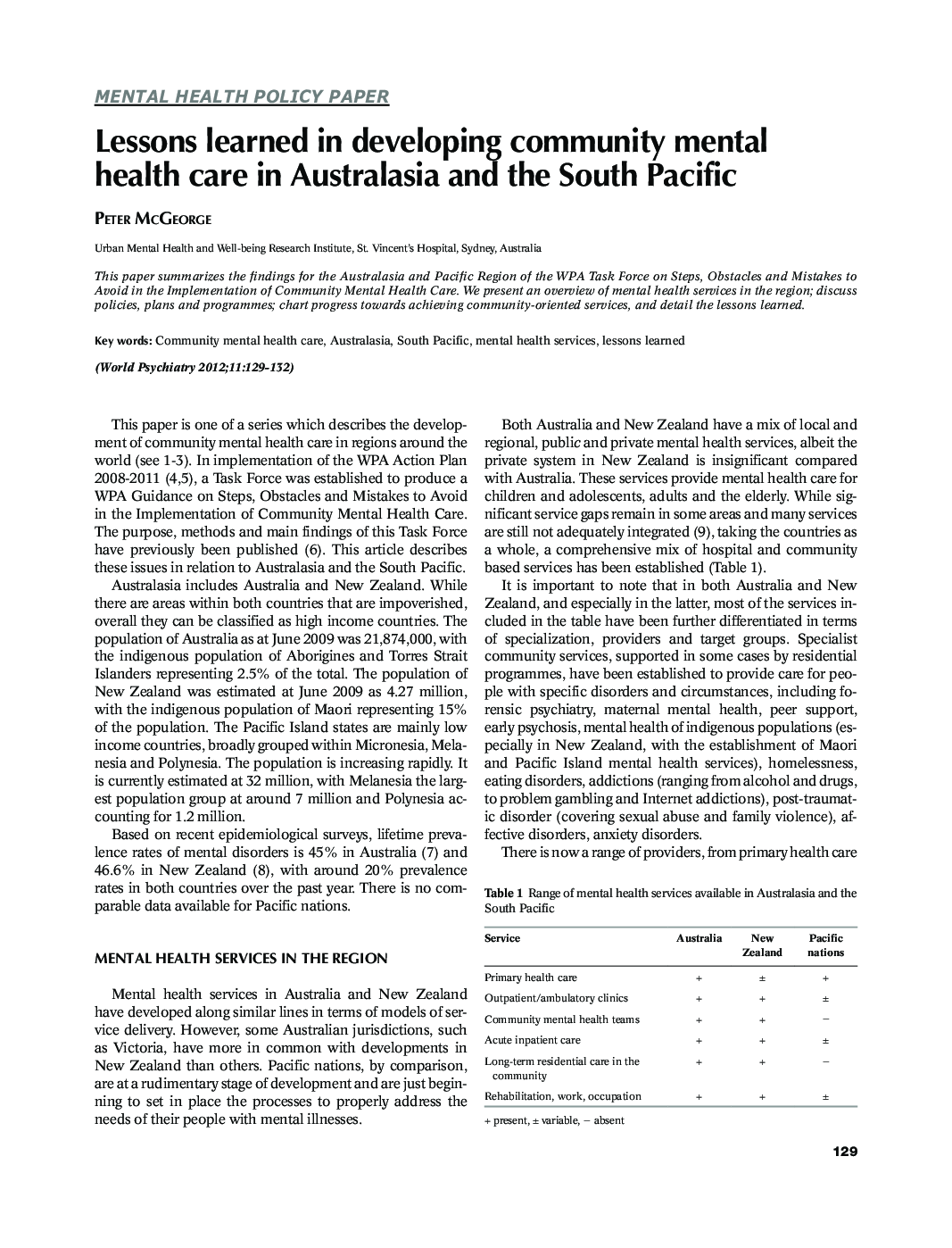 Lessons learned in developing community mental health care in Australasia and the South Pacific