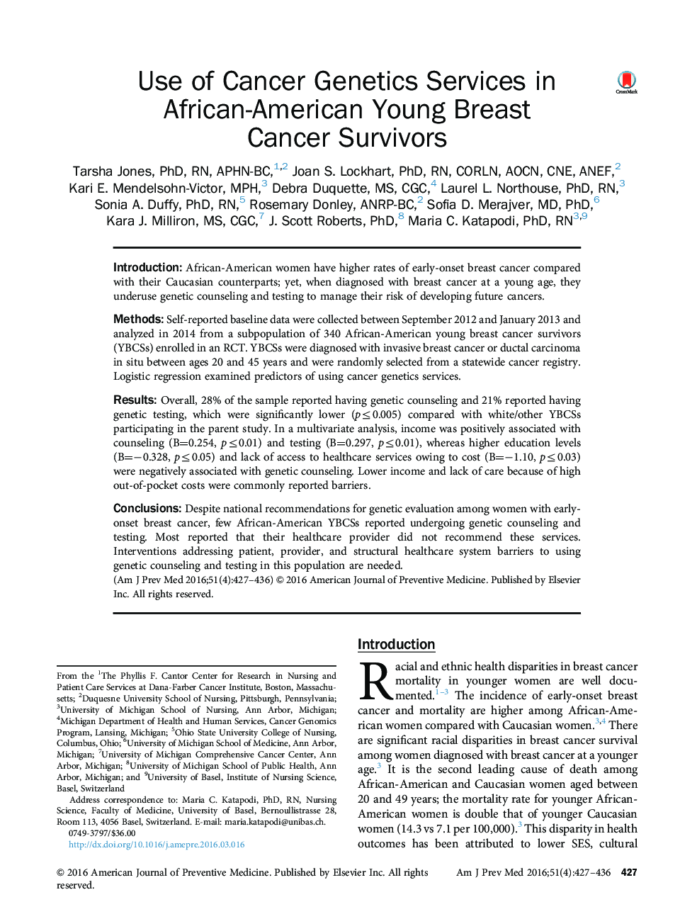 Use of Cancer Genetics Services in African-American Young Breast Cancer Survivors