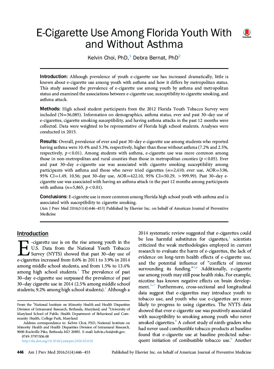 E-Cigarette Use Among Florida Youth With and Without Asthma