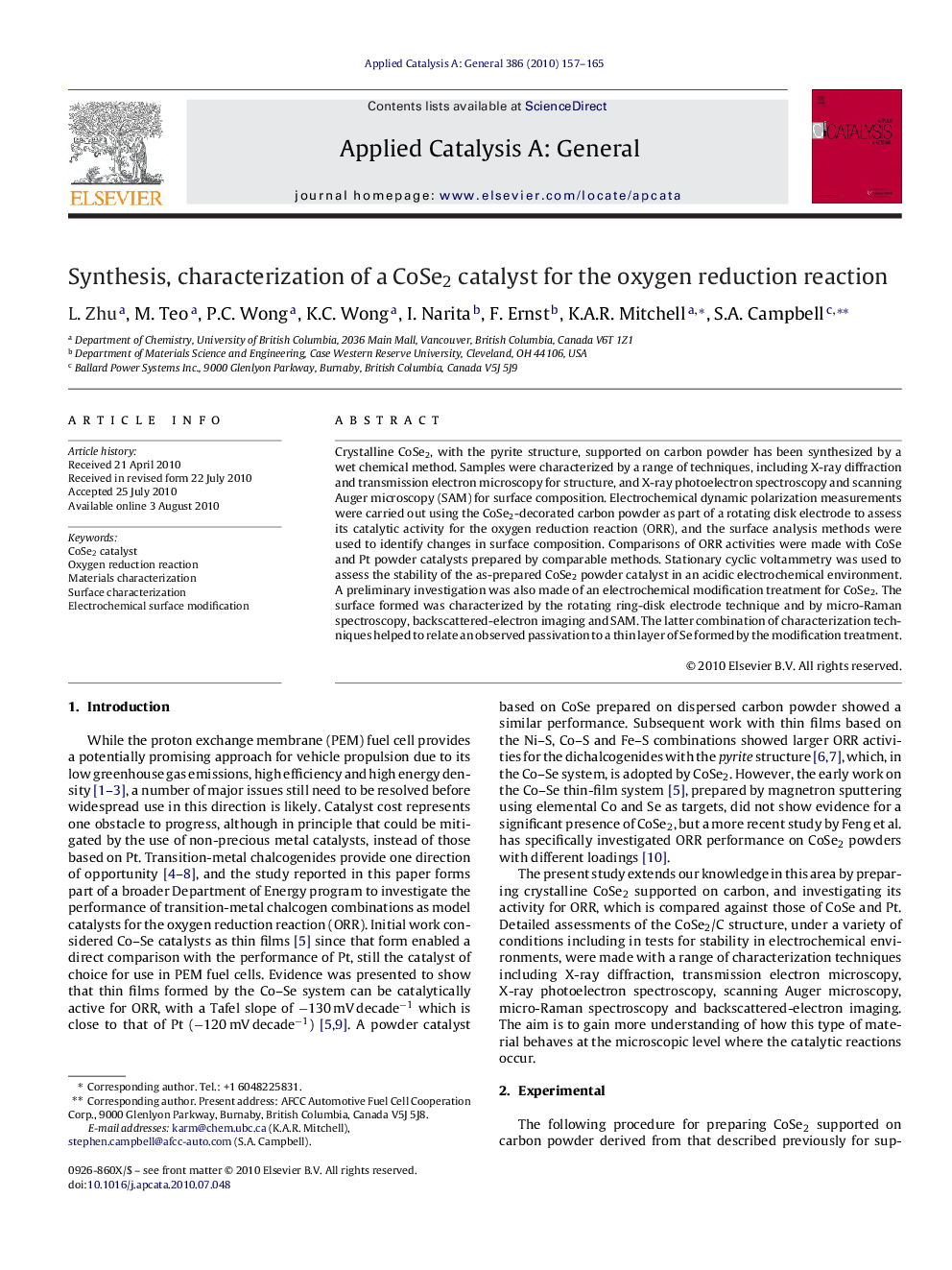 Synthesis, characterization of a CoSe2 catalyst for the oxygen reduction reaction