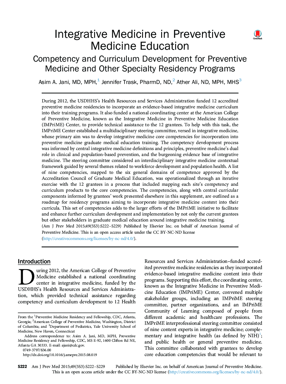 Integrative Medicine in Preventive Medicine Education: Competency and Curriculum Development for Preventive Medicine and Other Specialty Residency Programs