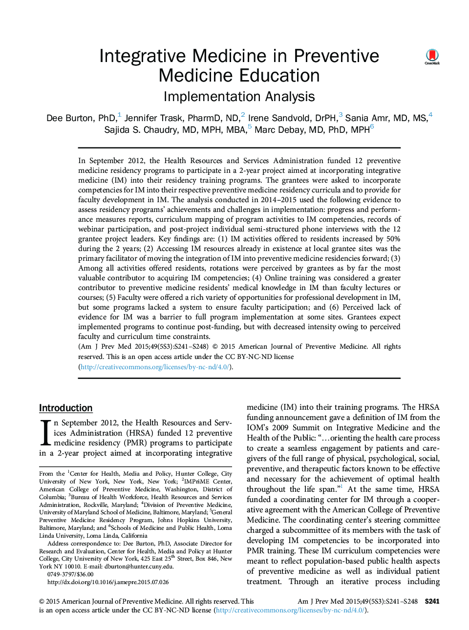 Integrative Medicine in Preventive Medicine Education: Implementation Analysis
