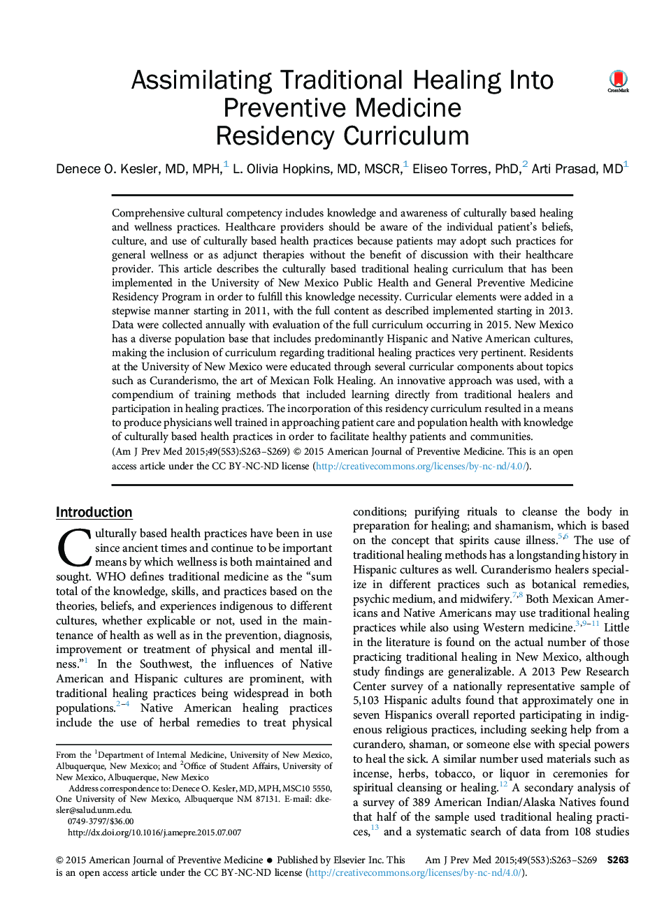 Assimilating Traditional Healing Into Preventive Medicine Residency Curriculum