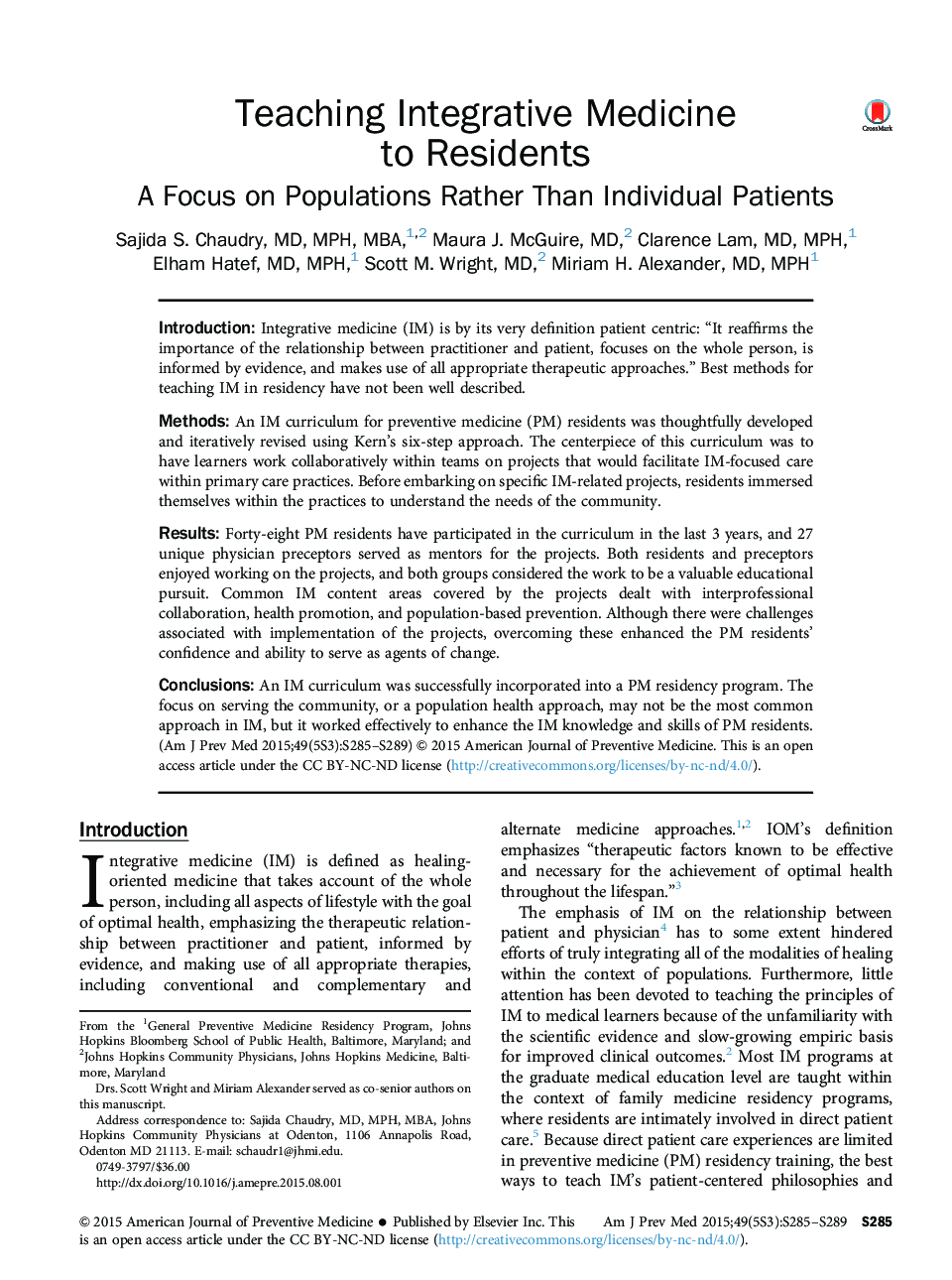 Teaching Integrative Medicine to Residents : A Focus on Populations Rather Than Individual Patients