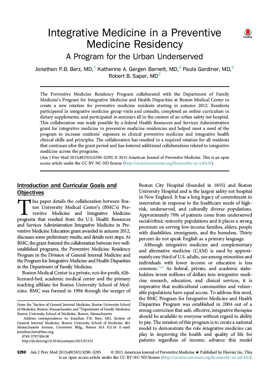Integrative Medicine in a Preventive Medicine Residency: A Program for the Urban Underserved