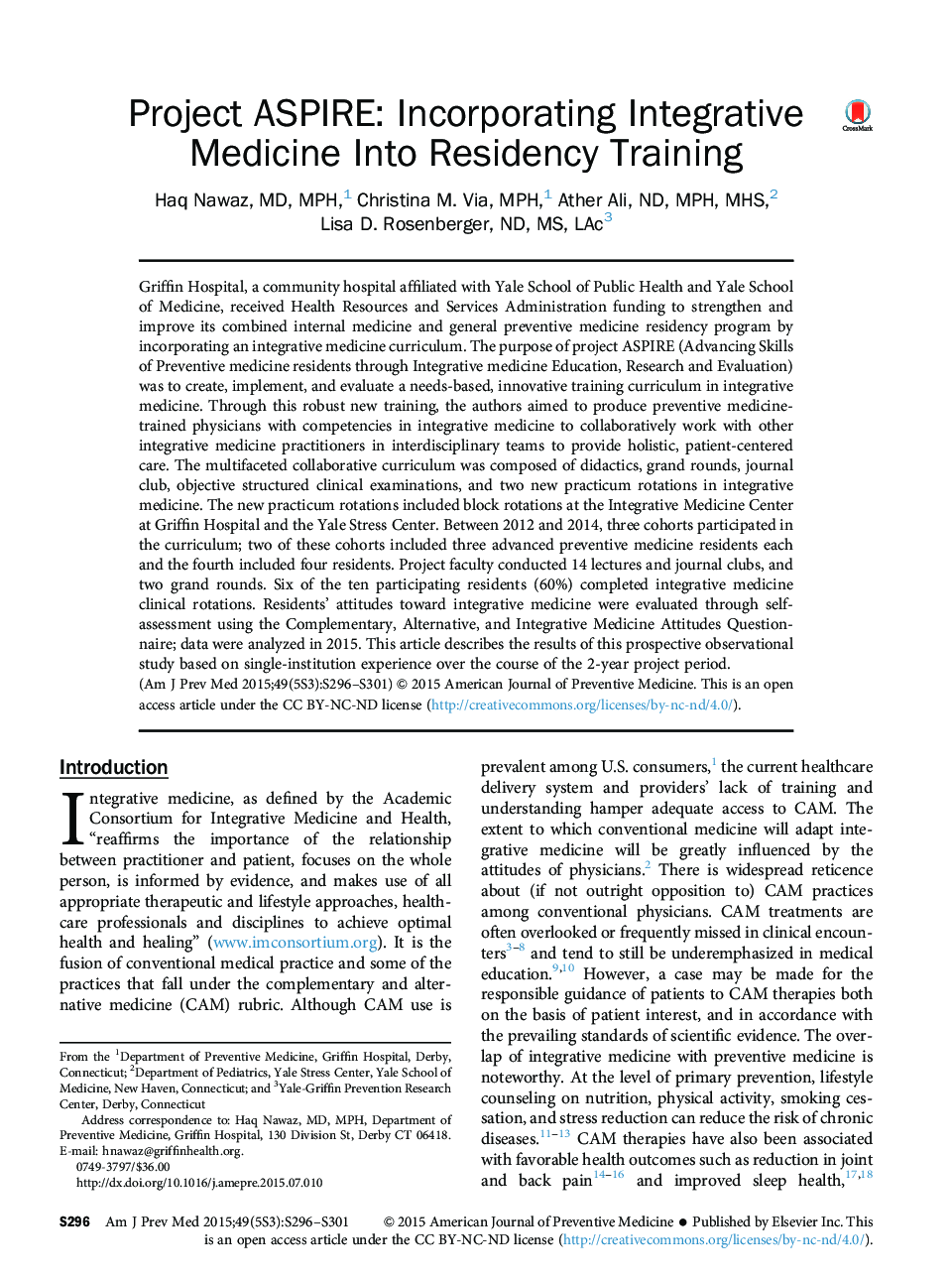Project ASPIRE: Incorporating Integrative Medicine Into Residency Training