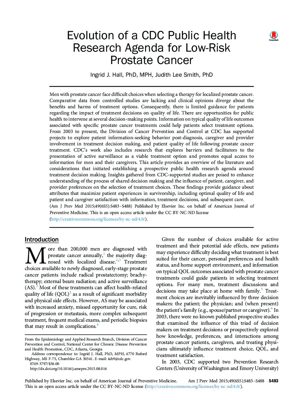 Evolution of a CDC Public Health Research Agenda for Low-Risk Prostate Cancer