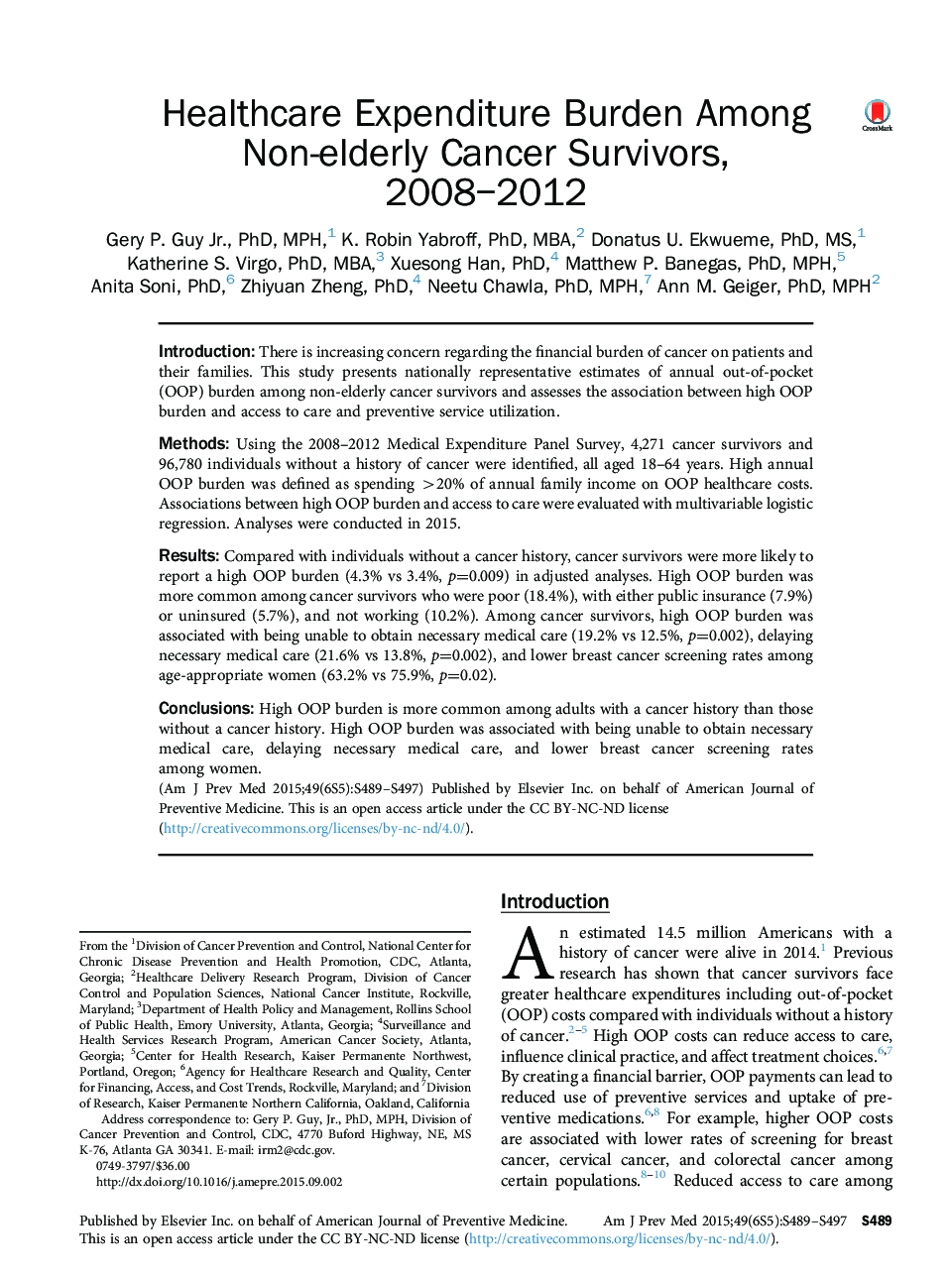 Healthcare Expenditure Burden Among Non-elderly Cancer Survivors, 2008–2012