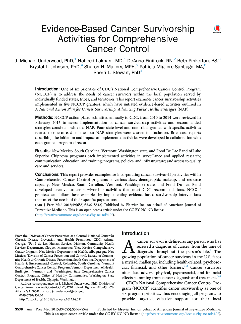 Evidence-Based Cancer Survivorship Activities for Comprehensive Cancer Control