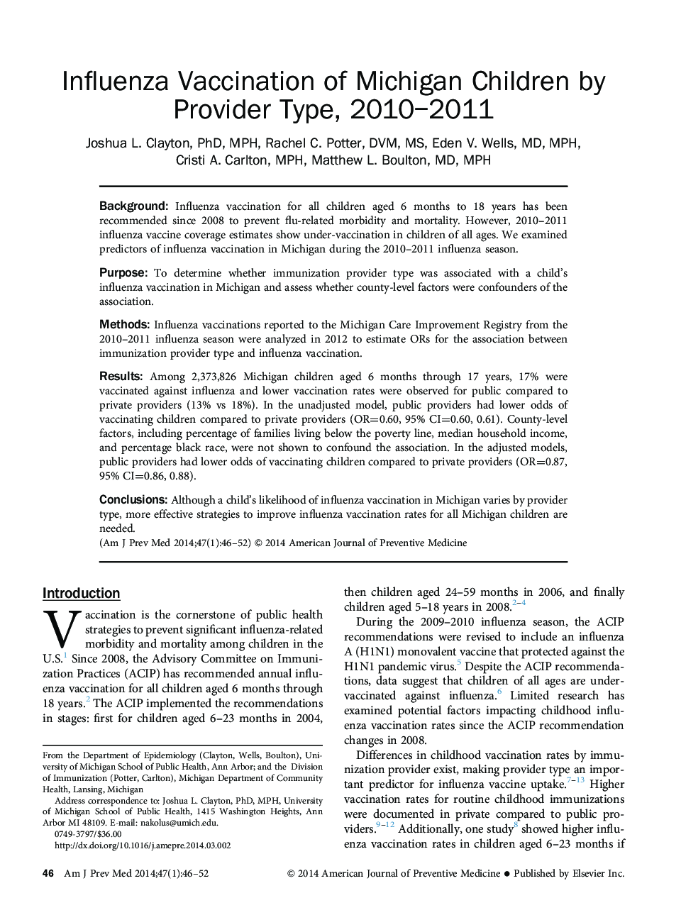 Influenza Vaccination of Michigan Children by Provider Type, 2010–2011