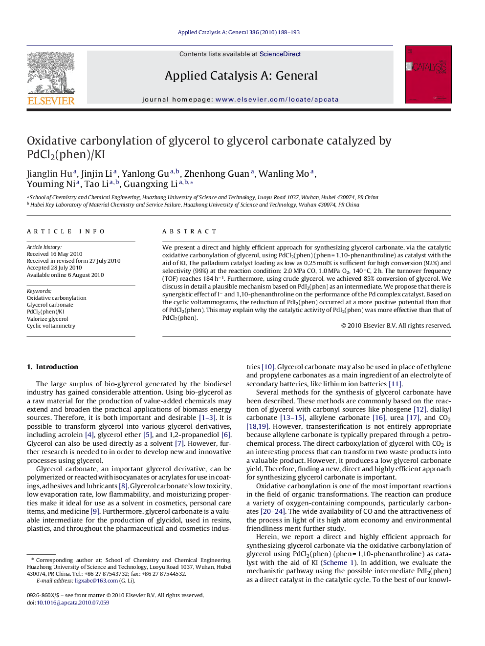 Oxidative carbonylation of glycerol to glycerol carbonate catalyzed by PdCl2(phen)/KI