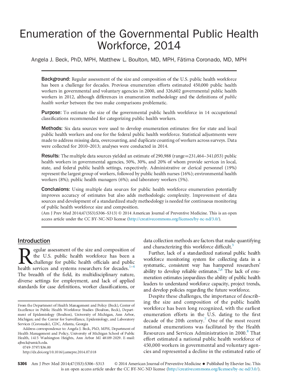 Enumeration of the Governmental Public Health Workforce, 2014