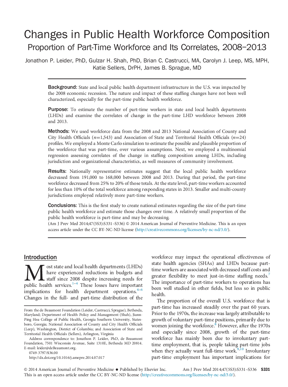 Changes in Public Health Workforce Composition: Proportion of Part-Time Workforce and Its Correlates, 2008–2013