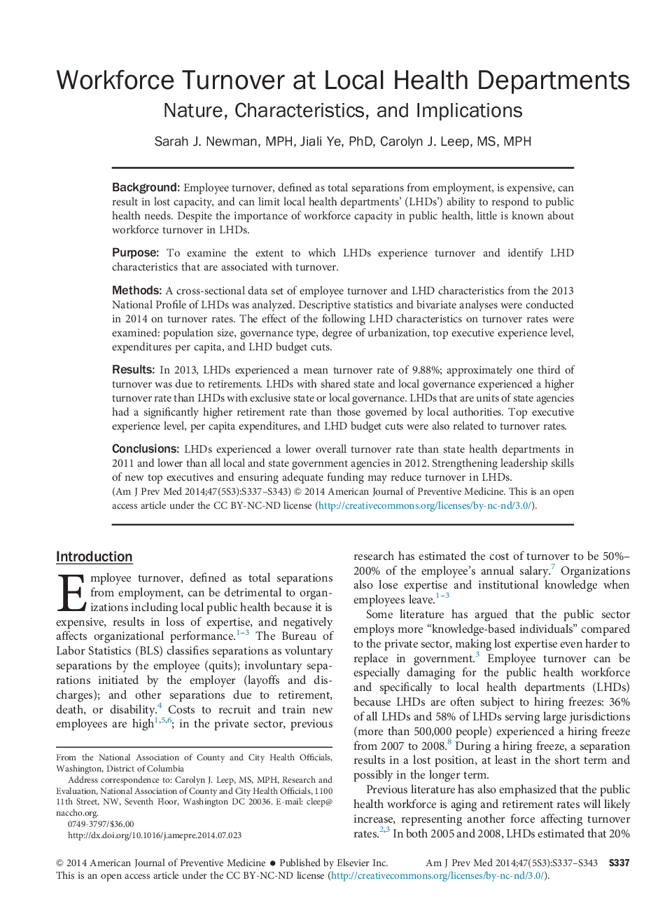 Workforce Turnover at Local Health Departments: Nature, Characteristics, and Implications