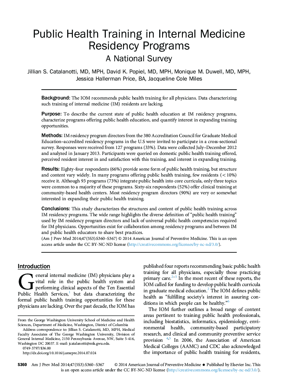 Public Health Training in Internal Medicine Residency Programs: A National Survey