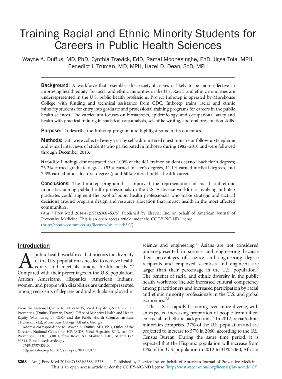 Training Racial and Ethnic Minority Students for Careers in Public Health Sciences