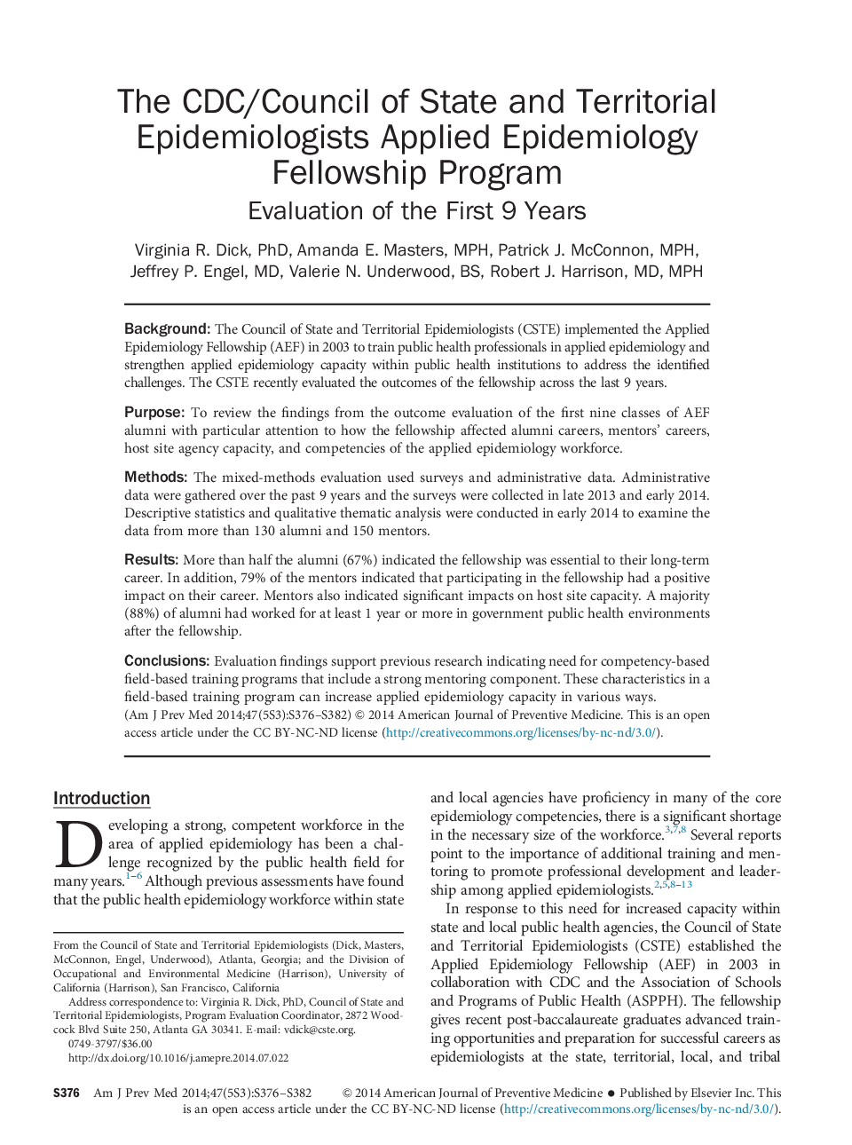 The CDC/Council of State and Territorial Epidemiologists Applied Epidemiology Fellowship Program: Evaluation of the First 9 Years