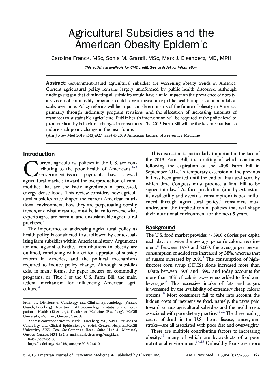 Agricultural Subsidies and the American Obesity Epidemic