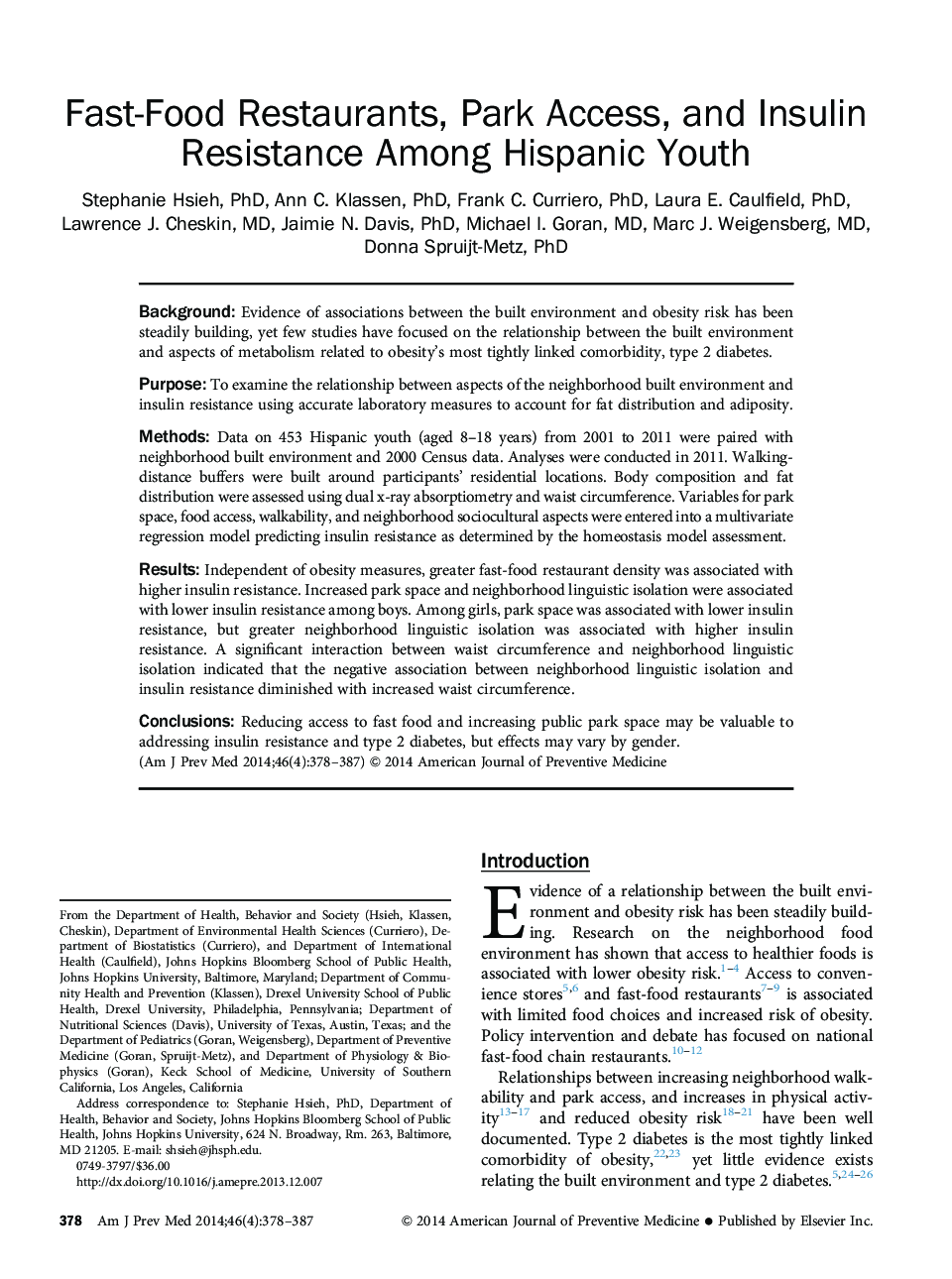 Fast-Food Restaurants, Park Access, and Insulin Resistance Among Hispanic Youth