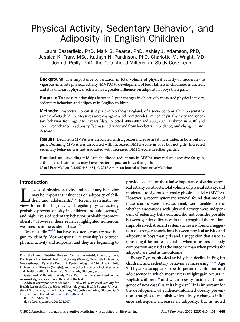 Physical Activity, Sedentary Behavior, and Adiposity in English Children 