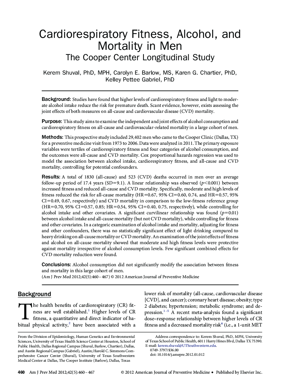 عکس صفحه اول مقاله: Cardiorespiratory Fitness, Alcohol, and Mortality in Men: The Cooper Center Longitudinal Study Cardiorespiratory Fitness, Alcohol, and Mortality in Men: The Cooper Center Longitudinal Study