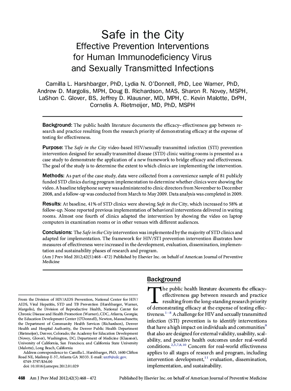 عکس صفحه اول مقاله: Safe in the City: Effective Prevention Interventions for Human Immunodeficiency Virus and Sexually Transmitted Infections Safe in the City: Effective Prevention Interventions for Human Immunodeficiency Virus and Sexually Transmitted Infections