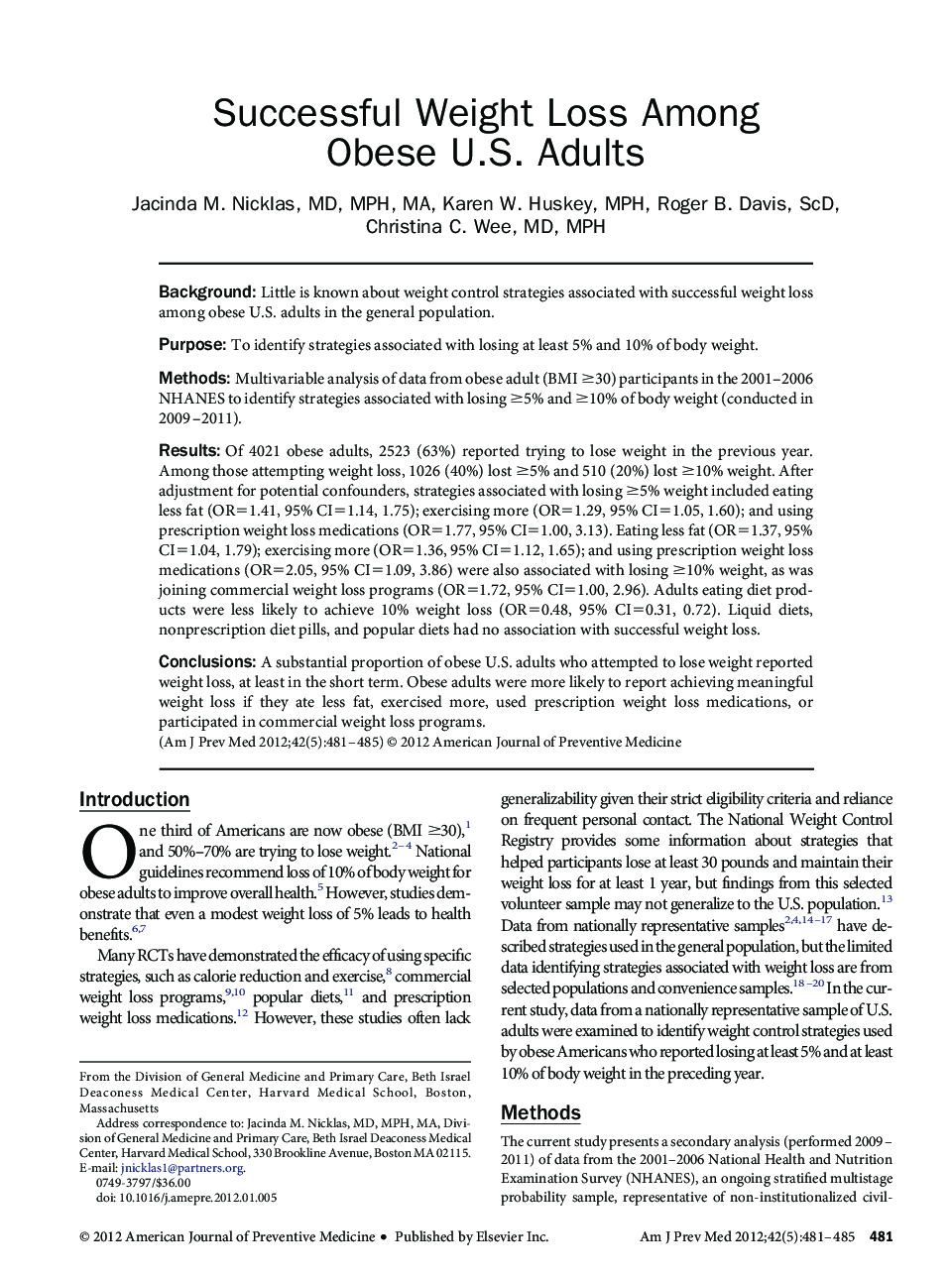 Successful Weight Loss Among Obese U.S. Adults