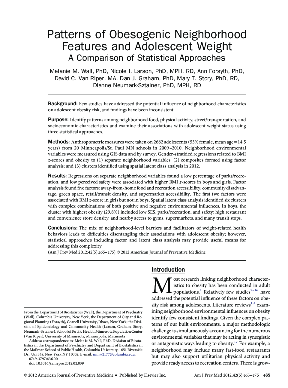 عکس صفحه اول مقاله: Patterns of Obesogenic Neighborhood Features and Adolescent Weight: A Comparison of Statistical Approaches Patterns of Obesogenic Neighborhood Features and Adolescent Weight: A Comparison of Statistical Approaches