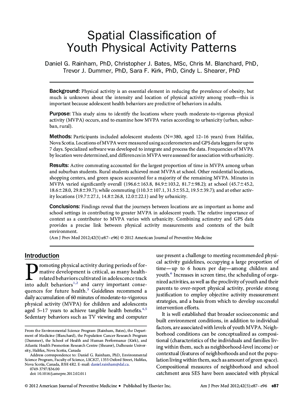 عکس صفحه اول مقاله: Spatial Classification of Youth Physical Activity Patterns Spatial Classification of Youth Physical Activity Patterns