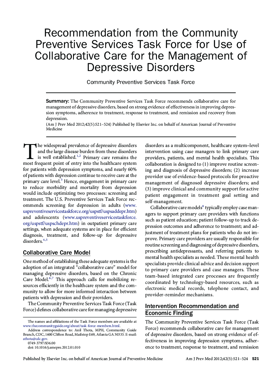 Recommendation from the Community Preventive Services Task Force for Use of Collaborative Care for the Management of Depressive Disorders 