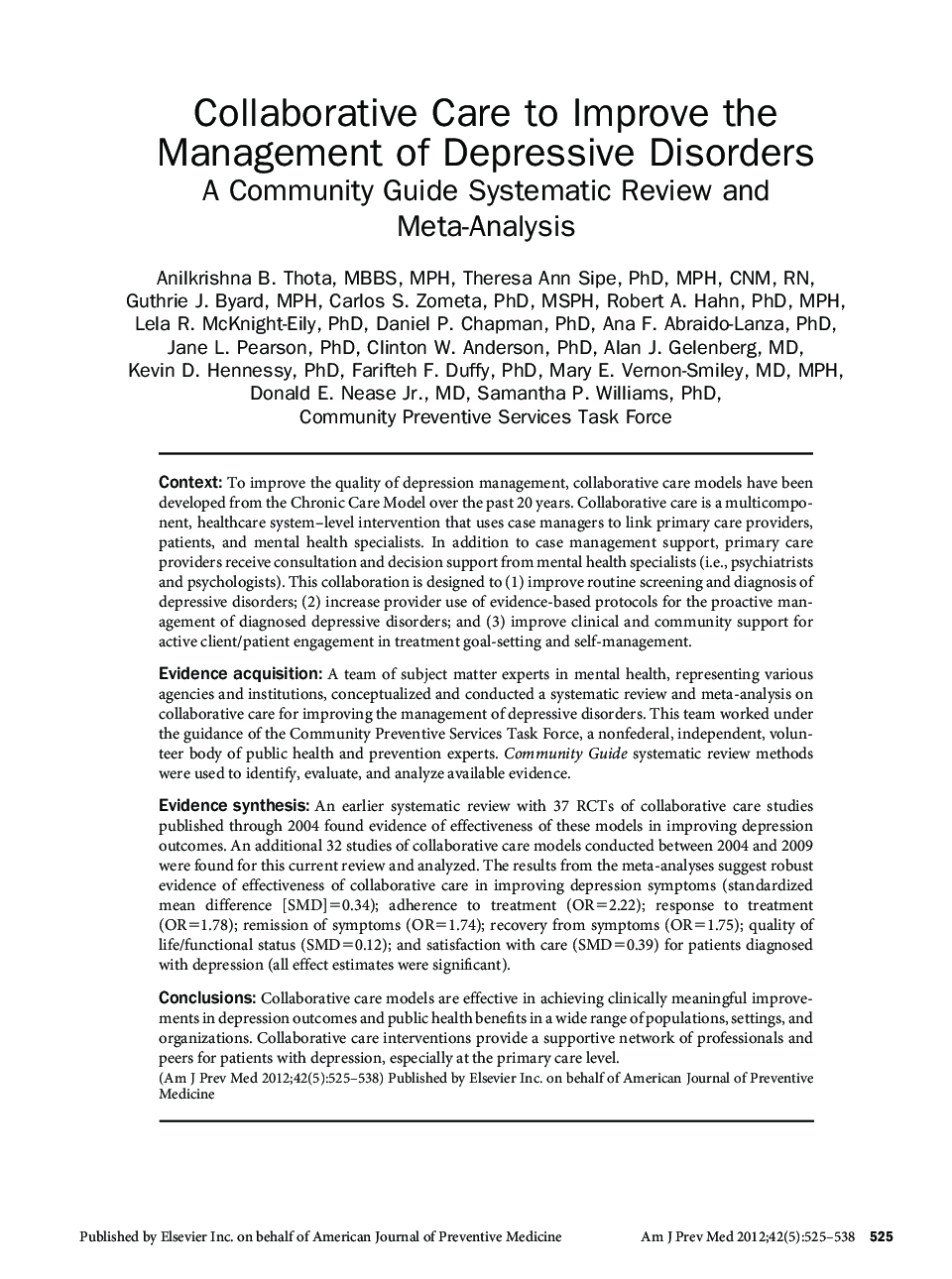 Collaborative Care to Improve the Management of Depressive Disorders : A Community Guide Systematic Review and Meta-Analysis